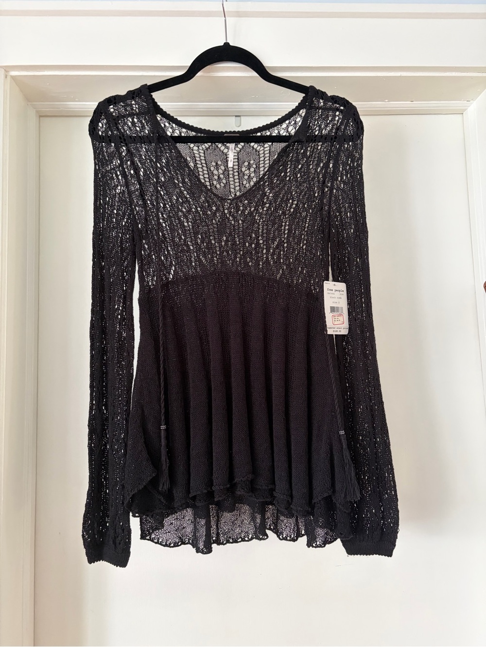 Free People Black Crochet Peplum Long Sleeve Top